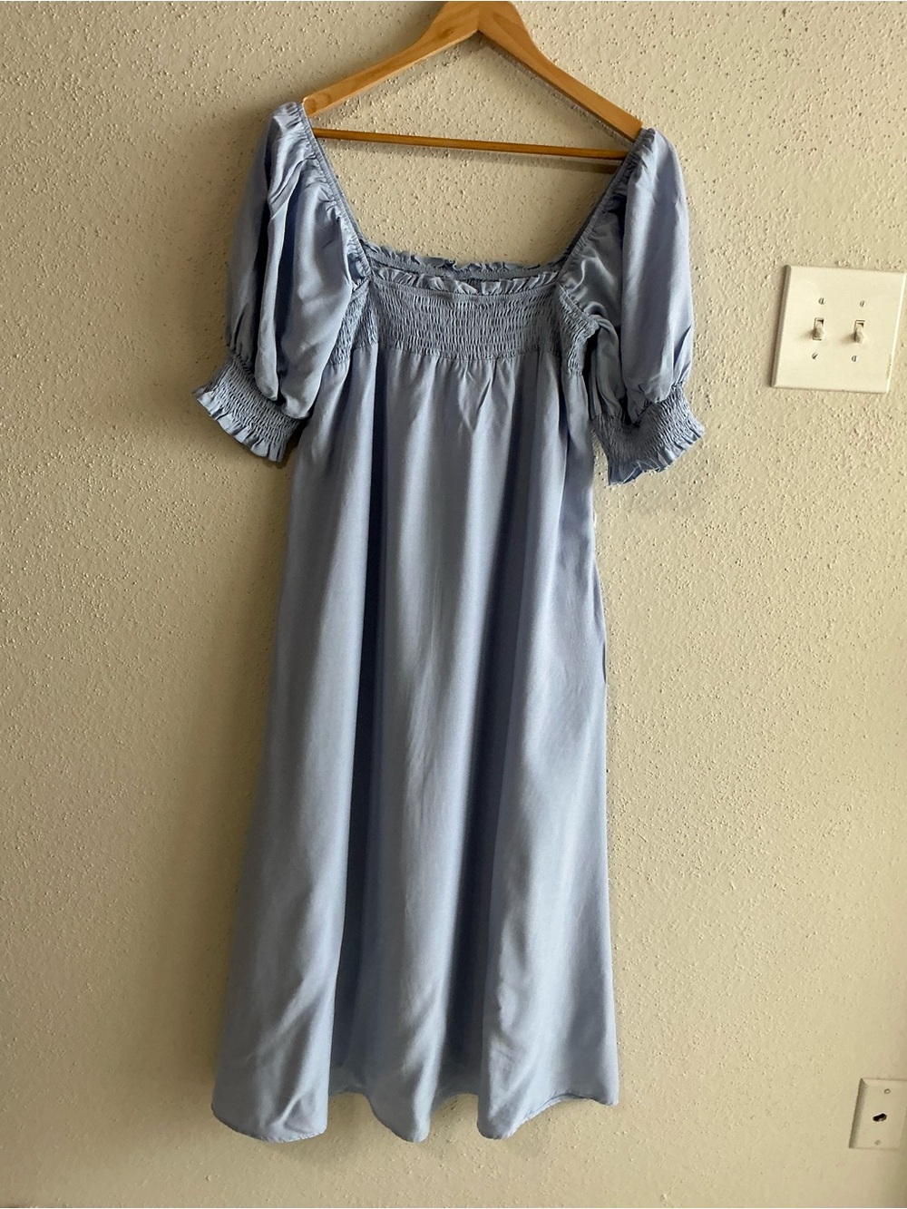 Off-Shoulder Smocked Midi Dress in Light Blue - Picture 2 of 7